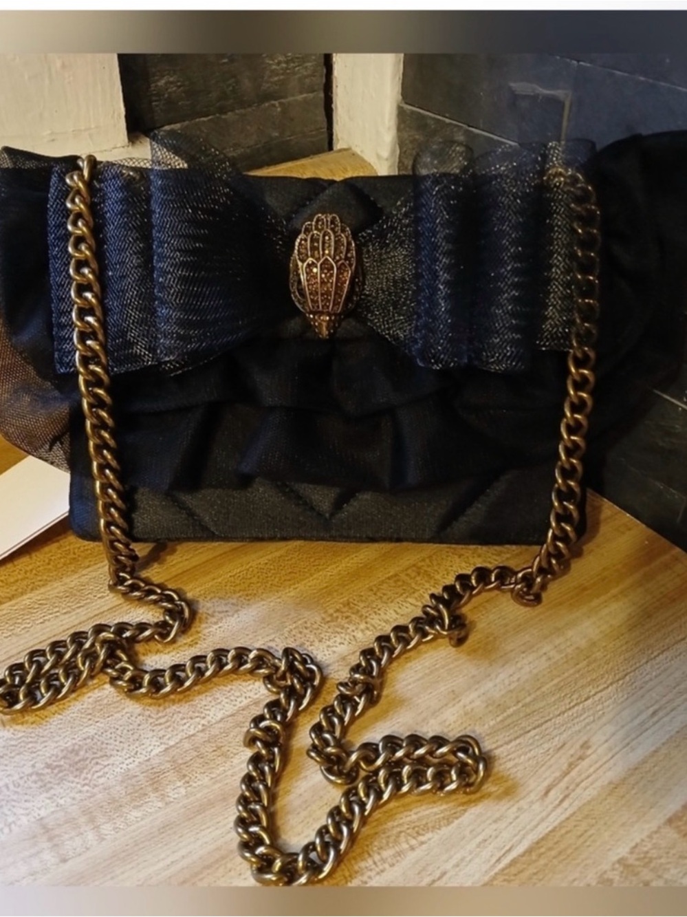Kurt Geiger Black Quilted/ Ruffled Kensington Bag with Gold Chain & Bow-NWT